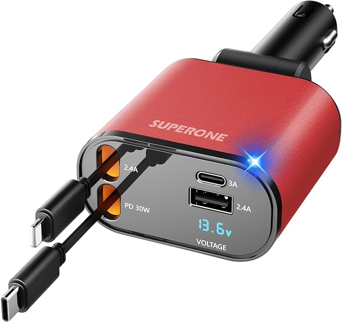SUPERONE [Upgraded] Retractable Car Charger 4 in 1 Fast Car Phone Charger | USB C and Apple Multi Car Adapter with Cord 2.6ft, Compatible with iPhone 17 16 15/15 Pro Max/14/13/12/11, Galaxy, Pixel