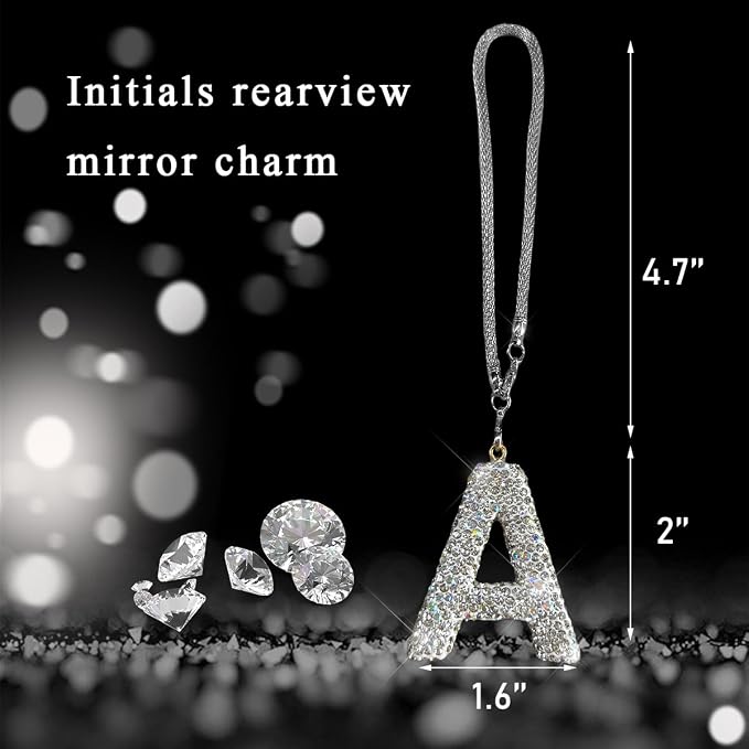 DXNQ Bling Initial Car Rear View Mirror Ornament, Crystal Sparkling Cute Letter Charm Pendant Auto Decor, Hanging Lucky Diamond Initial Charm Car Mirror Bag Ornament for Girl Women (Letter A)