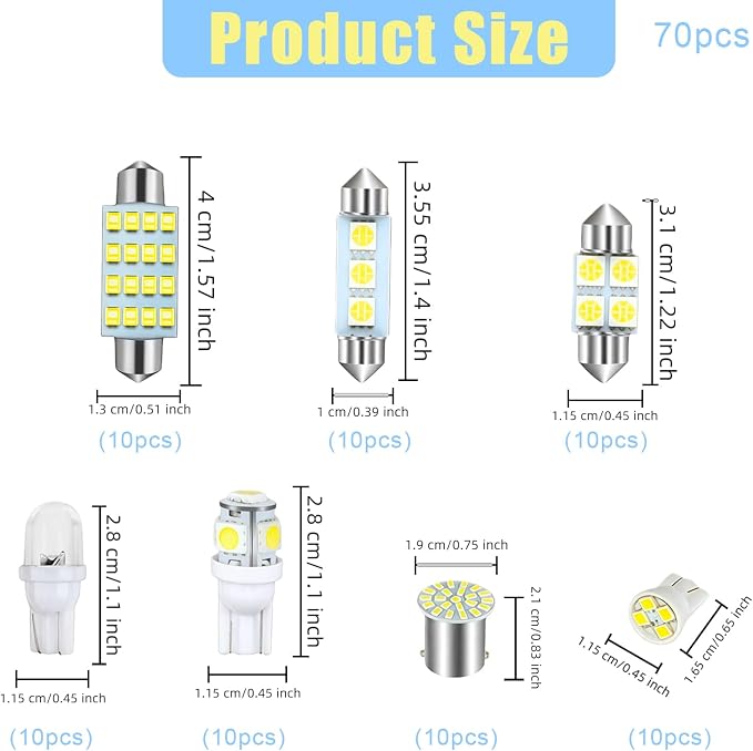 LED Lights for Car 70 PCS Bright White Interior LED Bulbs Kit, T10 31mm 36mm 41mm Reading License Plate Light, Plug and Play for Car Interior Indoor Map Dome Side Marker Bulbs