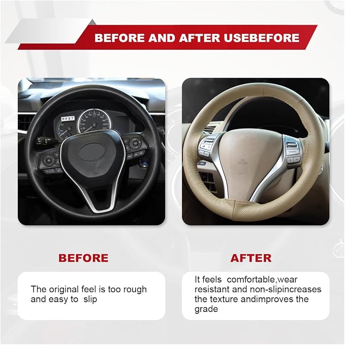 ZIMISI 15 Inch Genuine Leather Steering Wheel Cover (Beige,Hole) | Anti-Slip Breathable Car Steering Wheel Stitching Wrap, DIY Sewing with Needle Thread, Stitch on Wrap Steering Wheel Cover