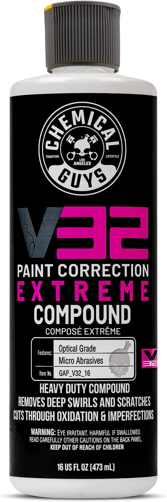 Chemical Guys, V32 Optical Grade Extreme Cutting Compound, Heavy Cut, 16 oz | Aggressive compound levels deep scratches, swirls and sanding marks, then refines for a high-gloss correction