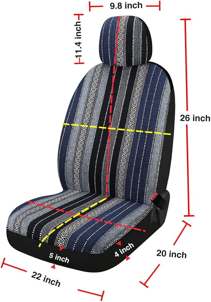 Baja Saddle Blanket Car Seat Covers 4PCS Front, Breathable and Washable Striped Woven Automotive Vehicle Universal Seat Cover for Sedan, SUV, Truck, Airbag Compatible