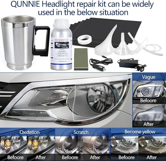 Car Headlight Repair Kit Set,Headlight Restoration Kit with 200 ml Repair Fluid for Yellowing, Scratches, Blurring, Cracks