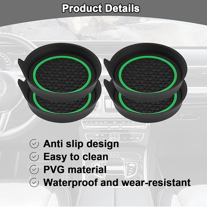 HZEL Car Cup Holder Coasters, 4PCS Non Slip Waterproof Vehicle Water Bottle Pads, Recessed Automotive Interior Drink Mat Decoration Accessories, Universal for SUV Sedan Truck (Green/Black)