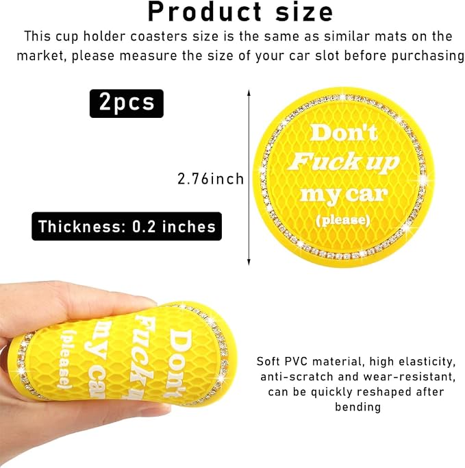 2 PCS Bling Car Cup Coaster, 2.75 Inch Anti-Slip Cup Holder Insert Coasters, Crystal Rhinestone Auto Drink Car Cup Mat for Women Girls, Universal Interior Car Accessories (Yellow)