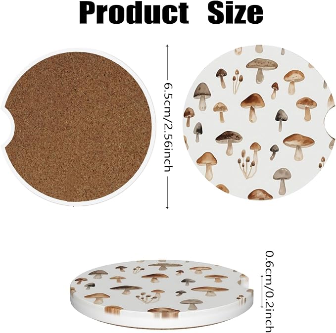 Ceramic Car Cup Coasters 2PCS - Tasty Mushroom | with Cork Back & Finger Slot, Anti-Slip Shock Absorbing, Universal Car Interior Accessories for Men Women