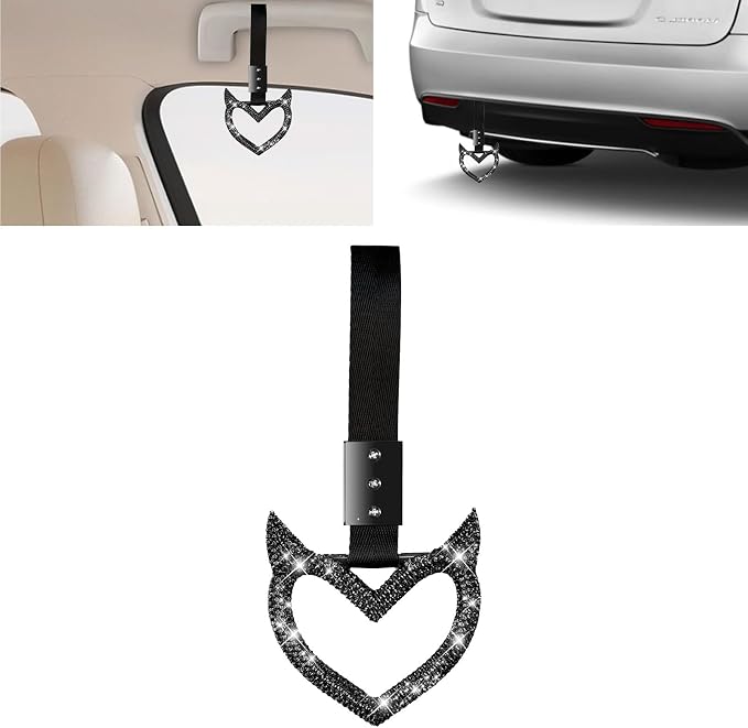 NBTEPEM Bling Heart Handle Keychains Bling Car Accessories for Women Hand Strap Drift Charm Rear Bumper Warning Ring Tsurikawa Heart Decor for Car Interior Exterior Decoration (Black, Devil Style)