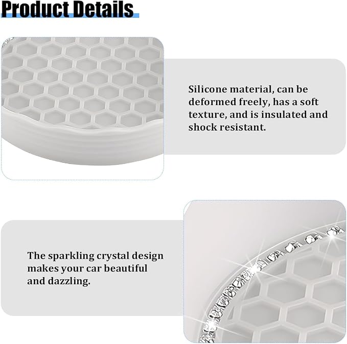 HZEL 4PCS Bling Car Cup Holder Coaster, Shiny Crystal Rhinestone Silicone Dustproof Drink Cup Insert Pad, Dazzling Automotive Interior Water Bottle Holder Embedded Mat, Universal Fit (Gray)
