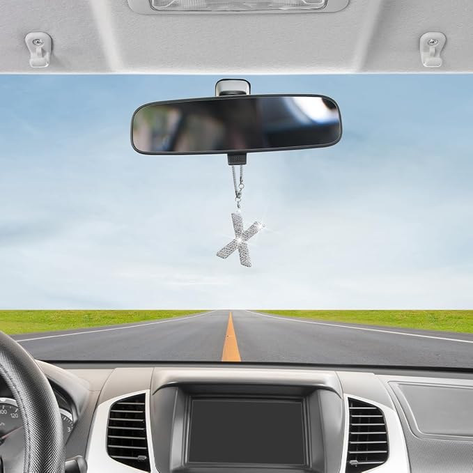 Bling Car Rear View Mirror Letter Charm, Crystal Rhinestone Rear View Mirror Hanging Ornament, Automotive Interior Rearview Mirrors Decoration Accessories, Universal for Vehicles(X)