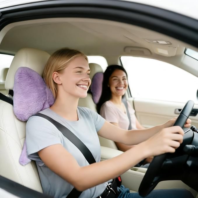 Sexysamba 2 Pcs Plush Bow Car Headrest Neck Pillow Cute Bow Pillow for Car Seat Décor Soft Neck Support for Comfortable Driving Traveling Office Fluffy Head Rest Cushion, Purple