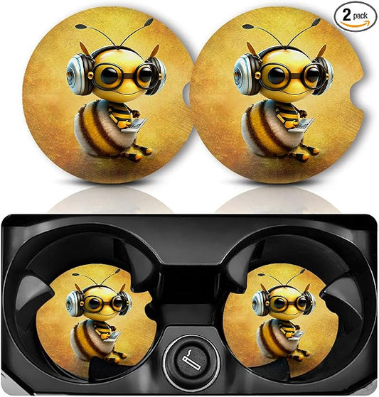 Bee Car Coasters - Anti Slip Rubber Mat with Finger Notch, 2 Pack for Car Cup Holders, Cute Interior Accessories