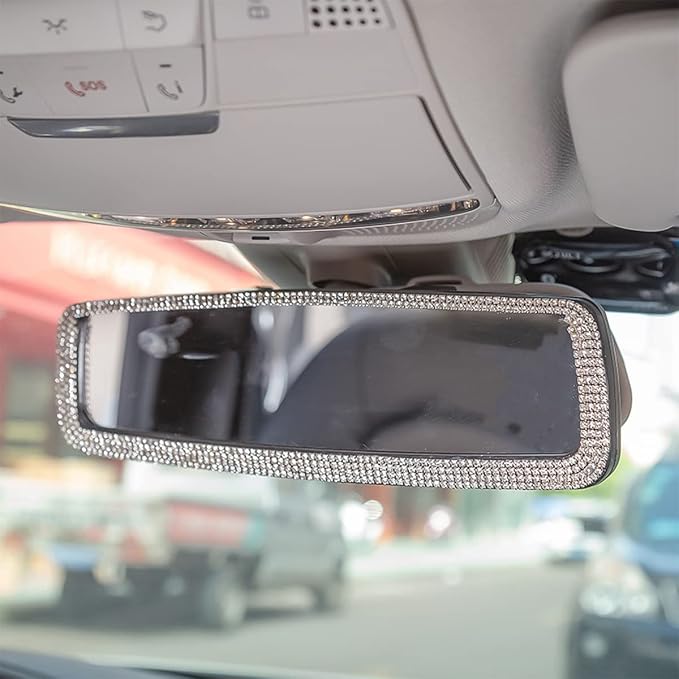 Bling Car Rear View Mirror, Rhinestones Crystal Clip-on Rearview Mirror with HD Glass, Compatible with Most Cars, SUVs, Vehicles, Auto Interior Accessories for Women Girl (White)