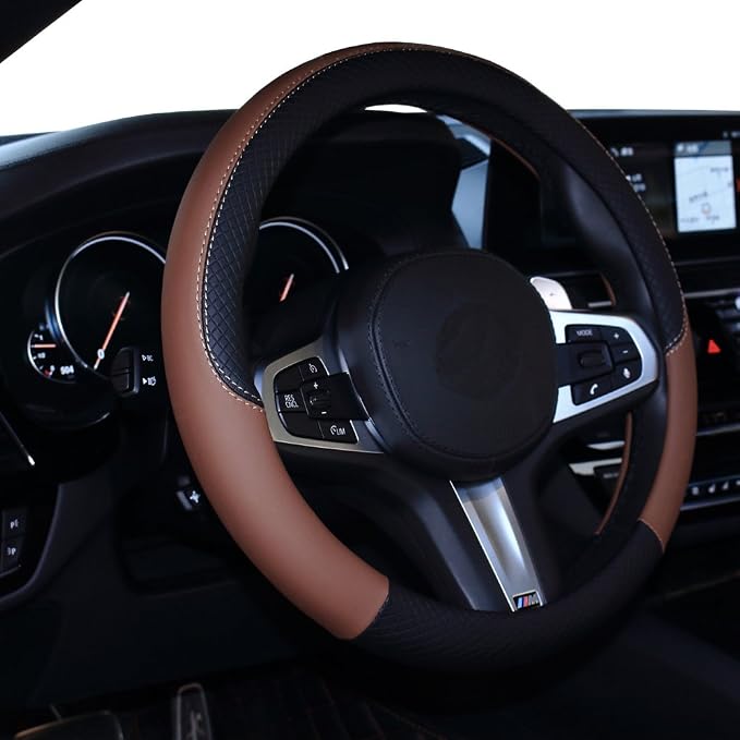 SHIAWASENA Car Steering Wheel Cover, Leather, Universal 15 Inch Fit, Anti-Slip & Odor-Free (Black&Brown)