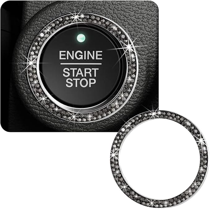 Car Bling Crystal Rhinestone Engine Start Ring Decals, Sparkling Diamond Car Push Start Button Ignition Ring Sticker, Auto Key Ignition Knob Ring Decoration for Women Girls (Bright Black)