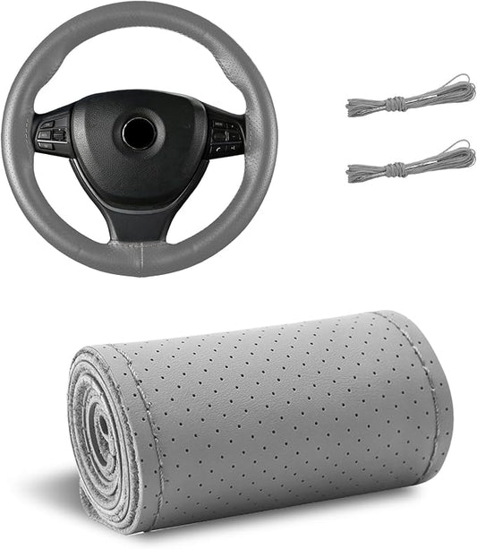 Genuine Leather Steering Wheel Cover, 15 Inch Stitch on Steering Wheel Protector with Needle & Thread, Anti-Slip DIY Sewing Wheels Wrap for Most Vehicles (Gray, Full Hole)