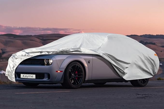 Kayme 6 Layers Car Cover Custom Fit for Dodge Challenger SXT SRT Hellcat Demon R/T (2008-2025) Waterproof All Weather for Automobiles, Outdoor Full Cover Rain Sun UV Protection.Silver