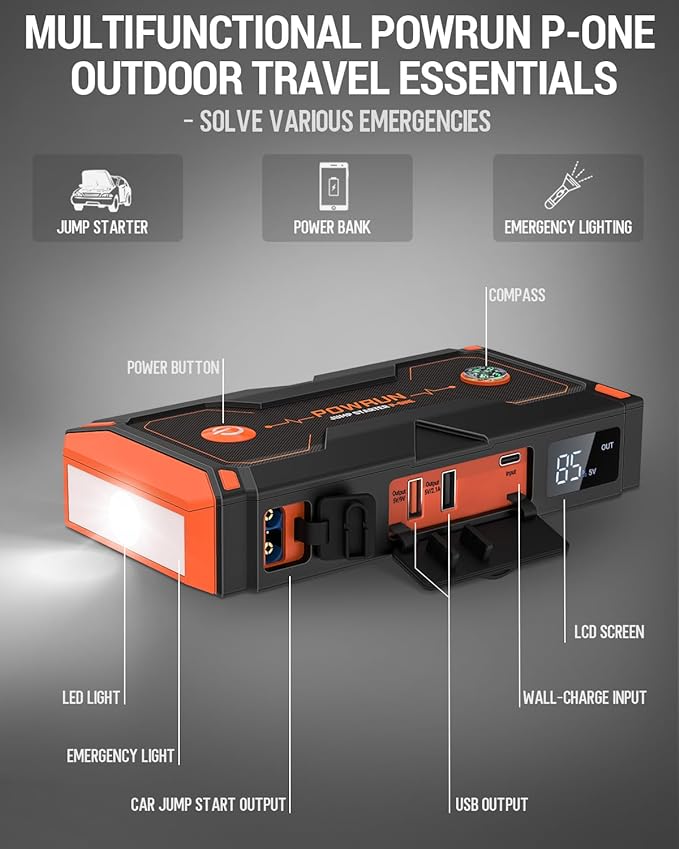 Powrun P-ONE Jump Starter, 2000A Portable Jump Box - Car Jump Starter Battery Pack for up to 8.0L Gas and 6.5L Diesel Engines, 12V Battery Jump Starter with Carry Case (Orange) | Up to 8.0L Gas Engine, 6.5L Diesel Engine, Includes Carry Case, Portable ...