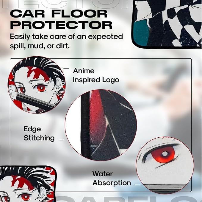 Anime Car Carpet Mat Set of 2 Front, Black Tnjro Design Automotive Accessories Interior All Weather Floor Mats Decor with Non Slip Black Anti Skid Backing