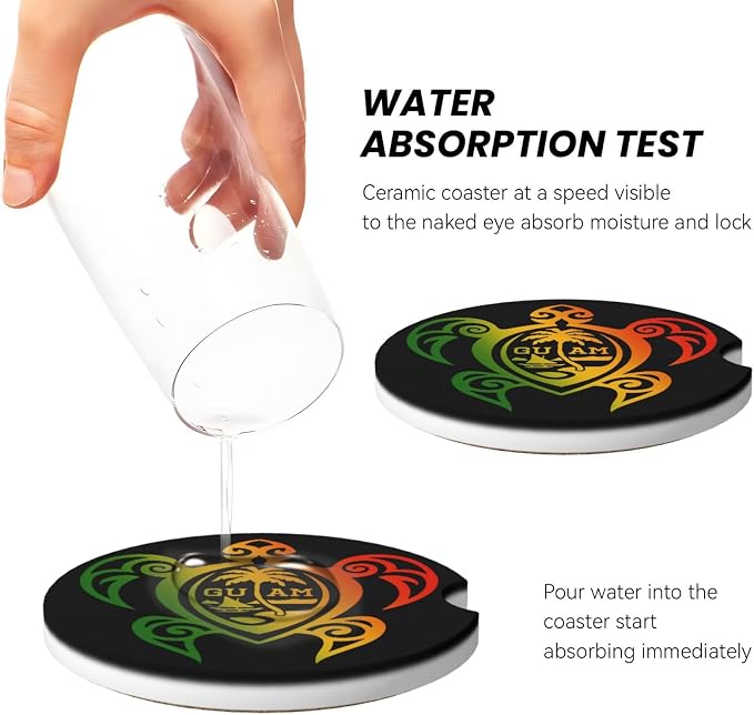 Guam Turtle Palm Trees Absorbent Ceramic Car Coasters 2 Pack Round Insert Cupholder Coaster Car Cup Holder Mat with Finger Notch Anti-Slip Cork Base Reusable Drink Coasters 2.56 in
