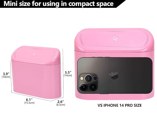 Ginsco Mini Car Trash Can with Lid, Small Car Garbage Can, Cute Leakproof ABS Car Trash Bin, Car Accessories for Interior, Garbage Bin for Car, Home, Office with 60pcs Trash Bags Pink