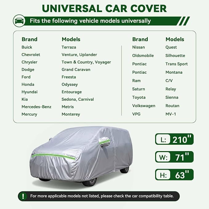 AUQDD 6-Layers Premium MPV Car Cover Waterproof All Weather Weatherproof UV Sun Protection Snow Dust Storm Resistant Outdoor Exterior Custom Form-Fit Full Padded Car Cover with Straps 199"-210" K17