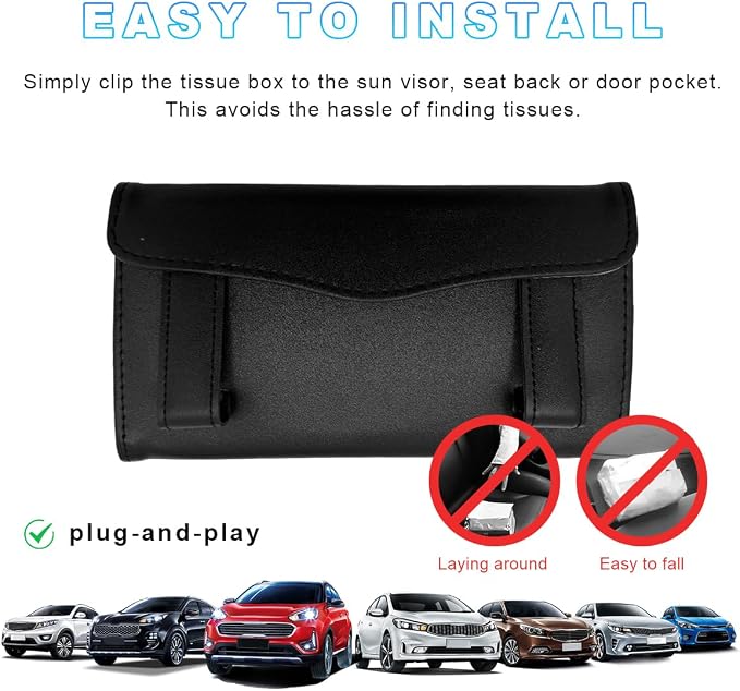 Ohleats Car Tissue Holder, Leather Sun Visor Napkin Holder, Auto Backseat Tissue Mask Case Dispenser for Most Vehicles, Universal Interior Car Accessories Hanging Tissues (Black)