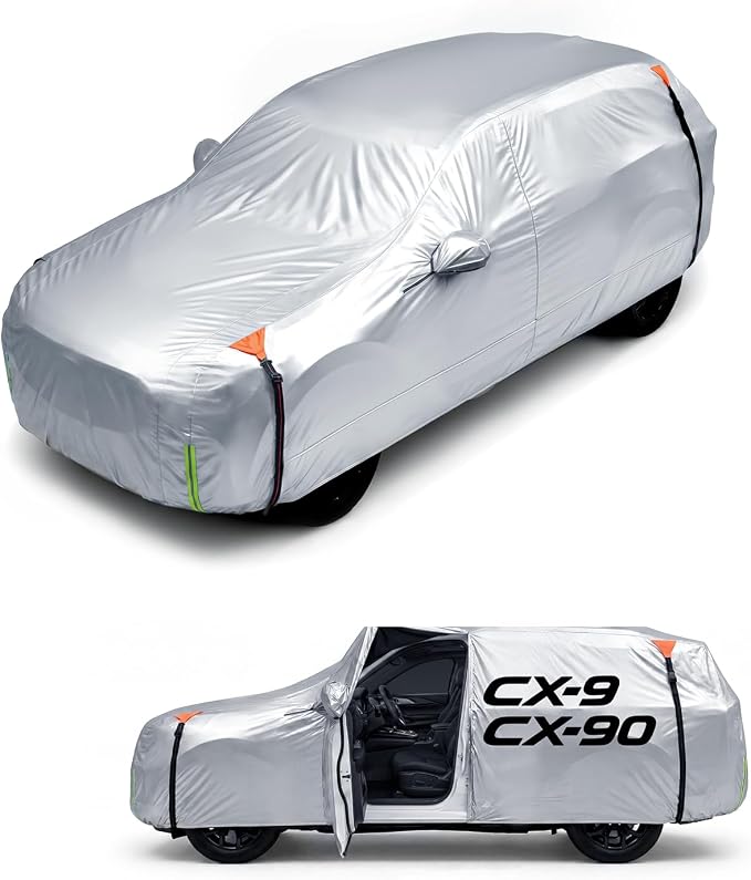Wigoo Mazda CX-9 CX-90 Car Cover Accessories 2007-2026, Custom Fit Waterproof All Weather Outdoor Indoor Full SUV Cover, Windproof Sun UV Rain Snow Dust Protection, Door Zipper, Reflective Strips