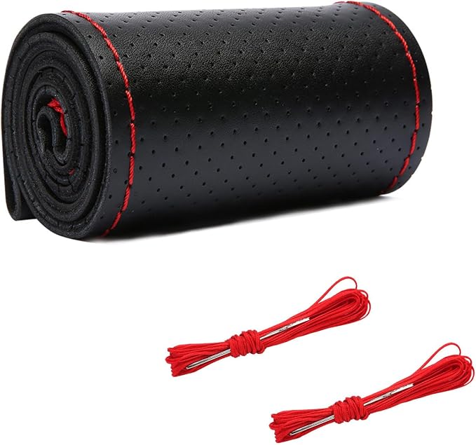 Augeny Genuine Leather Steering Wheel Cover, Breathable Anti-Slip Car Steering Wheel Protector Stitch on Wrap for Max Diameter 15 Inch, DIY Sewing with Needle Thread (Full Hole, Black & Red)