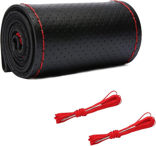 Augeny Genuine Leather Steering Wheel Cover, Breathable Anti-Slip Car Steering Wheel Protector Stitch on Wrap for Max Diameter 15 Inch, DIY Sewing with Needle Thread (Full Hole, Black & Red)