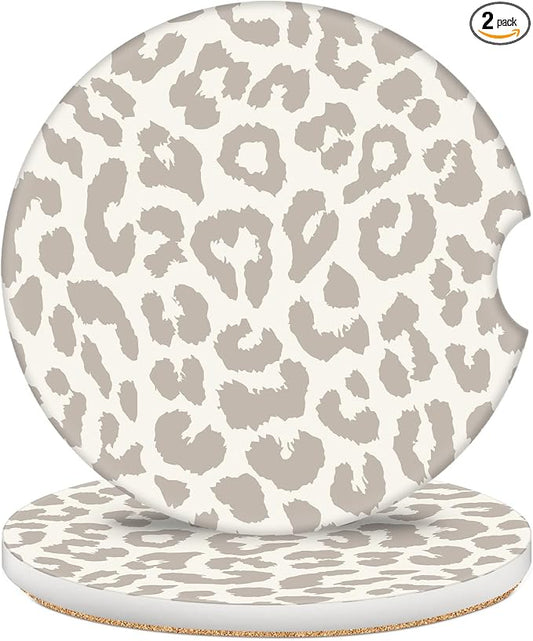2 Pack Car Coasters for Cup Holders, 2.56" Universal Absorbent Ceramic Stone Car Cup Holder Coasters with Non-Slip Cork Base,Car Interior Accessories for Women Men(Beige Leopard Cheetah Print)