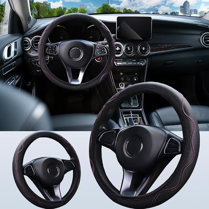 Elastic Steering Wheel Cover Black and Pink Universal 14-15 inch | Leather Car Steering Wheel Covers Stretch Microfiber Breathable Anti-Slip Car Accessories Fit for Suvs, Vans, Trucks