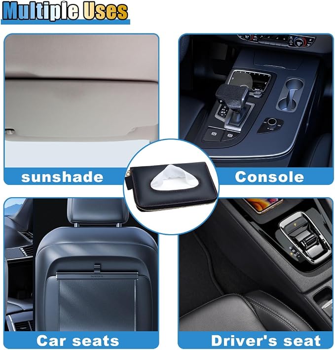 Car Tissue Holder, Sun Visor Box, Backseat Paper Carton, Leather Napkin Case, Universal Hanging Towel Clip for SUV, RV, Truck (Black)
