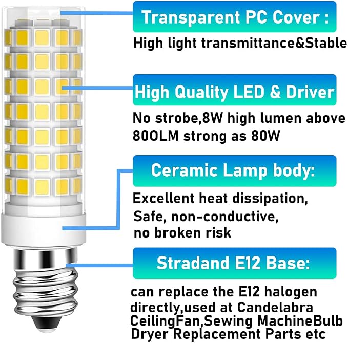 2-Pack E12 LED Bulb kx 2000 led Replacement Brother Sewing Machine Bulb Appliance Dryer Drum Water Dispenser Replacement Parts 120V Candelabra Bulb E12 Edison Screw Base 8W-Daylight White 6000K
