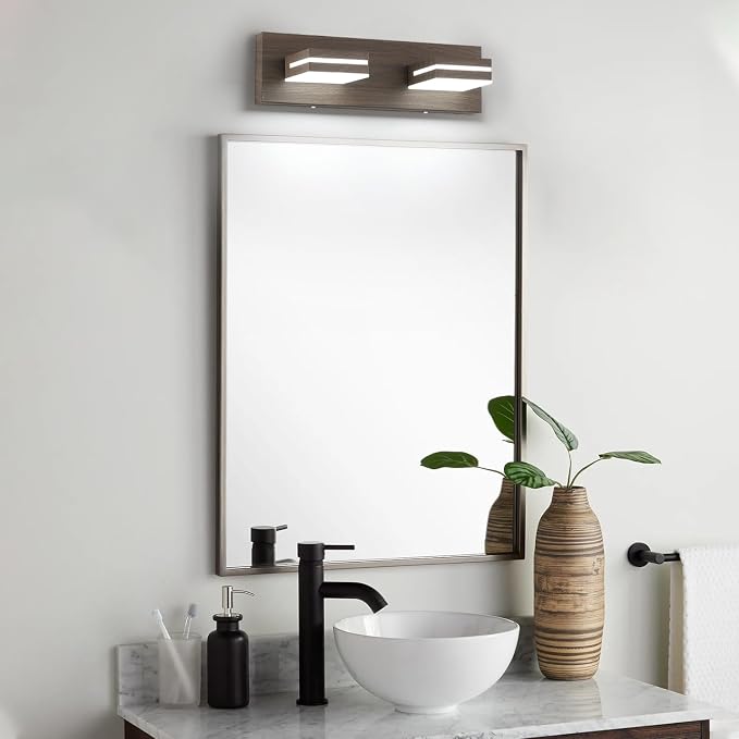 SineRise LED Modern Bathroom Vanity Light Fixtures (2-Light, 15.5-Inch, Dimmable), Brown Wood Painted Modern Acrylic Bathroom Wall Lighting Fixtures Over Mirror (Cool White 6000K)