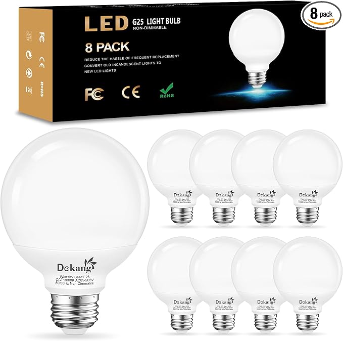 8 Pack E26 Base Bathroom Light Bulbs 3000K Soft White, G25 LED Globe Light Bulbs 60Watt Incandescent Equivalent, Round Light Bulb for Vanity Mirror, 5W, 500LM, Non-Dimmable