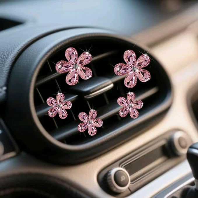 Zpana Bling Daisy Flower Car Air Vent Clips, 5PCS Sparkling Crystal Rhinestone Cute Vehicle Air Conditioning Clamp, Diamond Auto Air Outlet Clip Decor for Women Girls, Universal Fit (Pink)