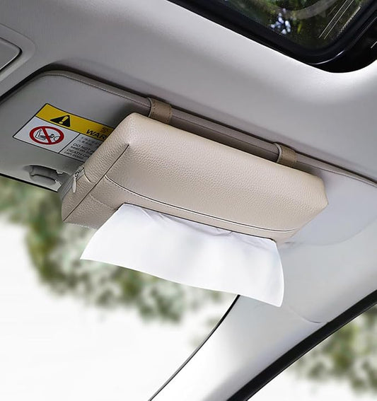 Premium PU Leather Car Tissue Holder & Napkin Dispenser, White Ivory Beige Color, Refillable Visor Case for Masks, Auto Interior Accessories