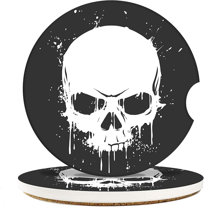 Britimes Absorbent Car Coasters 2 Pack for Cup Holders, 2.56" Ceramic Stone & Non-Scratch Cork Base Drink Coasters Skull1