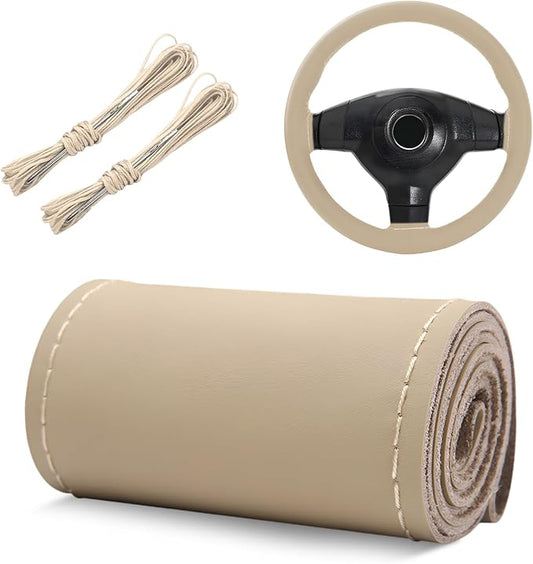 Genuine Leather Steering Wheel Cover, 15 Inch Stitch on Wheel Wrap with Needles & Threads, Breathable Steering Wheel Protector DIY Sewing Wrap for Car Truck SUV (Beige, Glossy)