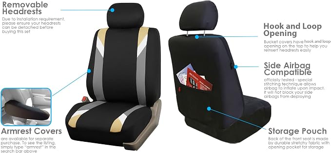FH Group Front Set Cloth Car Seat Covers for Low Back Car Seats with Removable Headrest, Universal Fit, Airbag Compatible Seat Cover for SUV, Sedan, Van, Beige