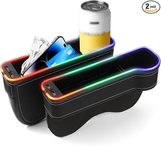 Shademax RGB Color Changing LED Car Seat Gap Filler Organizer Console Side Seat Gap Storage Box with Cup Holders and USB Chargers for Car Interior Accessories (2 Pack)