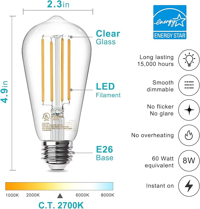 TJOY LED Edison Light Bulbs, E26 Dimmable Vintage Bulb, 8W = 60W Equivalent | Warm White 2700K, 800LM, E26 Base, ST19/58, 80+ CRI, Clear Glass, Antique Decorative Filament Bulb for Living Room, 20 Pack