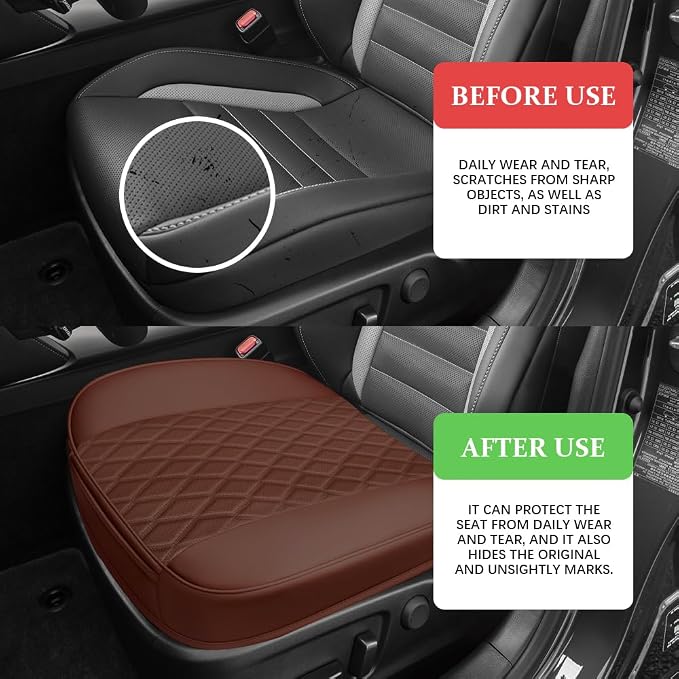Leather Front Car Seat Cover, Anti-Slip Car Seat Bottom Covers, Full Wrapped Bottom Seat Protectors with Storage Pocket, Universal Comfortable Seat Cushion Fit Vehicles SUVs Trucks (Coffee)