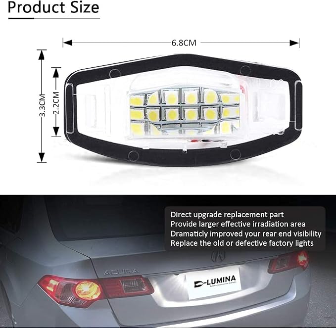 D-Lumina LED License Plate Light Tag Lamp Assembly Replacement Compatible with Honda Civic Accord Sedan Odyssey Pilot Acura MDX TSX TL ILX RDX RL, Powered by 18-SMD 6000K White Pack of 2