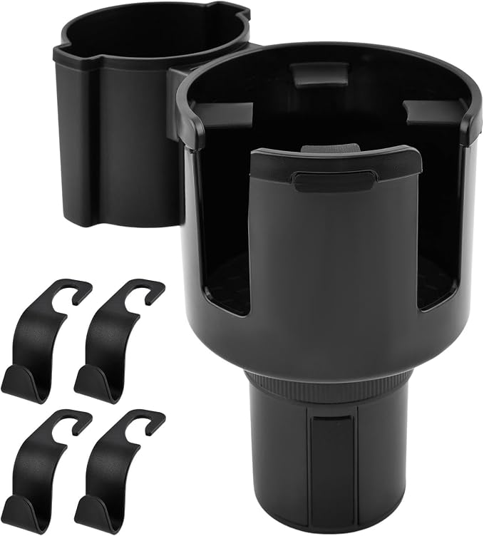 2-in-1 Car Cup Holder Expander with 4 Hooks - Upgraded Adjustable & Expandable Base, Offset Option, Versatile Car Accessories Fits Yeti, Hydroflask, Large Water Bottles