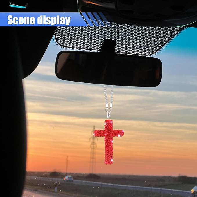 ZIMISI Bling Cross Car Hanging Ornament, Crystal Rhinestone Car Rearview Mirror Pendant for Women, Diamond Rear View Mirror Charm Present, Universal Vehicle Interior Decoration Accessory (Red)