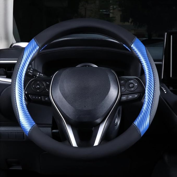 Steering Wheel Cover Blue - Premium Perforated Leather Sport Wrap with Carbon Fiber Texture and Odorless Rubber Non-Slip Inner, Universal Fit for Cars Trucks SUVS - 15 Inch (Blue)