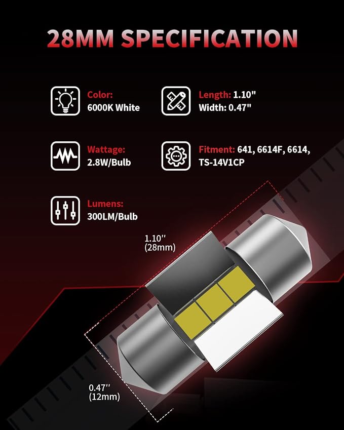 LASFIT 28MM LED Festoon 29MM 641 6614F 6612F TS-14V1CP LED Dome Map Trunk Cargo Light Bulb 6000K Brighter White Light (Pack of 2)