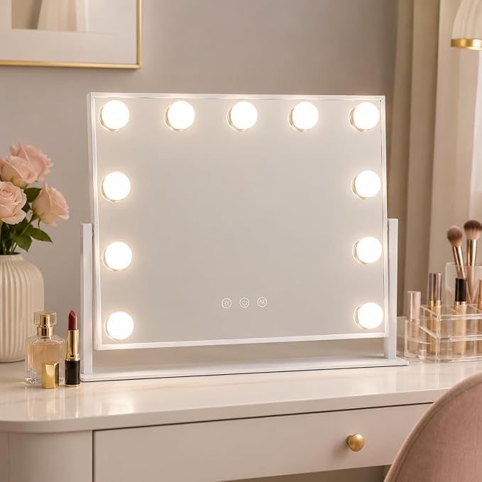 FENNIO Horizontal Hollywood Vanity Mirror with Lights, 17" x 13" Lighted Makeup Mirror with 11 Dimmable LED Bulbs, 3 Color Lights, Touch Control, Tabletop Vanity Mirror for Makeup Desk, White