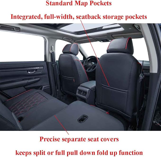 EKR Car Seat Covers for Honda CRV 2017-2022 Leatherette Full Set | Custom Fit for Honda CRV 2017 2018 2019 2020 2021 2022,Factory-Style Interior Upgrade,Faux Leather(Black with Red Piping)